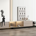 Modern Minimalist TV Stand In Light Beige With Glass Compartments And Decorative Sculptures Wall Art
