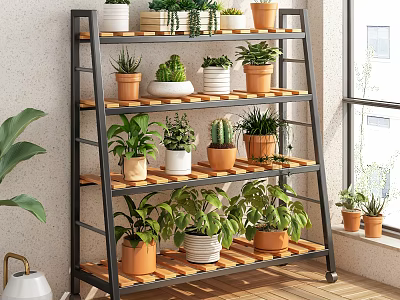 Indoor Garden Decor Showcasing Multi tiered Plant Stand with Various Potted Plants and Colorful Pots 3d model