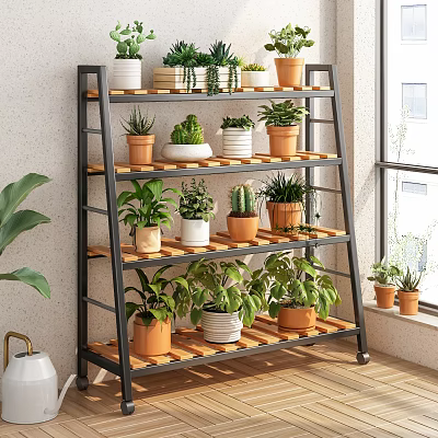 Indoor Garden Decor Showcasing Multi tiered Plant Stand with Various Potted Plants and Colorful Pots 3d model