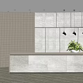 Modern Minimalist Reception Area Design With Stone Desk Tiled Wall Pendant Lights And Green Plant