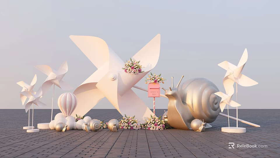 Scenic Photo Spot with White Windmills Golden Snail Sculpture Pink Signboard and Ocean View 3d model 