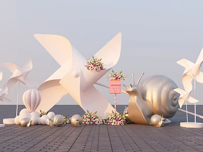 Scenic Photo Spot with White Windmills Golden Snail Sculpture Pink Signboard and Ocean View 3d model