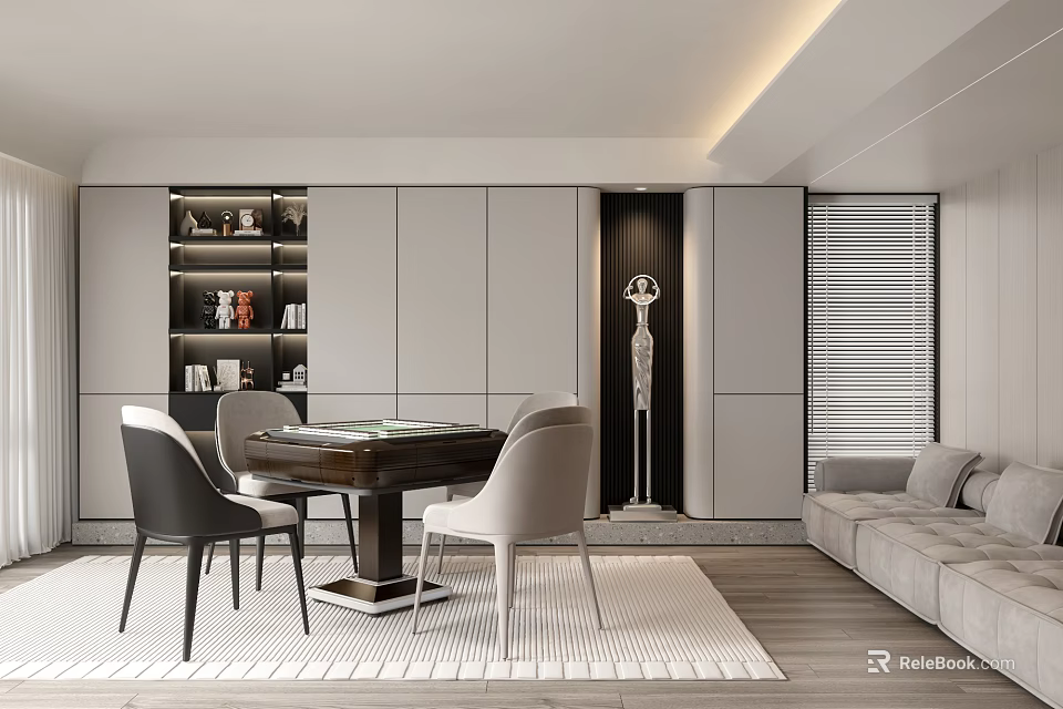 Hotel Mahjong Room Elegant Modern Interior With Comfortable Chairs Table And Bookshelf 3d model 