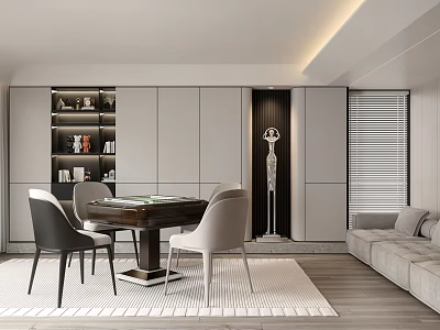 Hotel Mahjong Room Elegant Modern Interior With Comfortable Chairs Table And Bookshelf 3d model