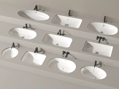 Multiple Washbasins In Oval And Square Shapes With Black Faucets On White Countertop 3d model