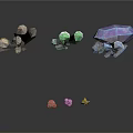 Vibrant Crystal Clusters And Small Mushroom Figurines On Reflective Black Surface