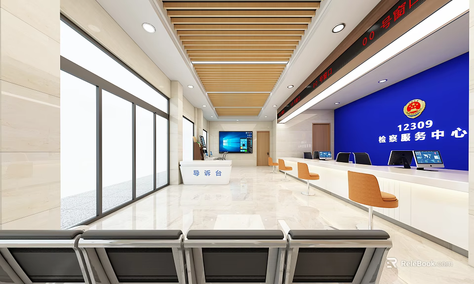 Government Service Hall Interior With Waiting Chairs Service Counter Digital Screens And Signs 3d model 