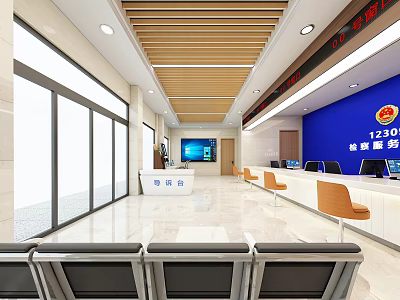 Government Service Hall Interior With Waiting Chairs Service Counter Digital Screens And Signs 3d model