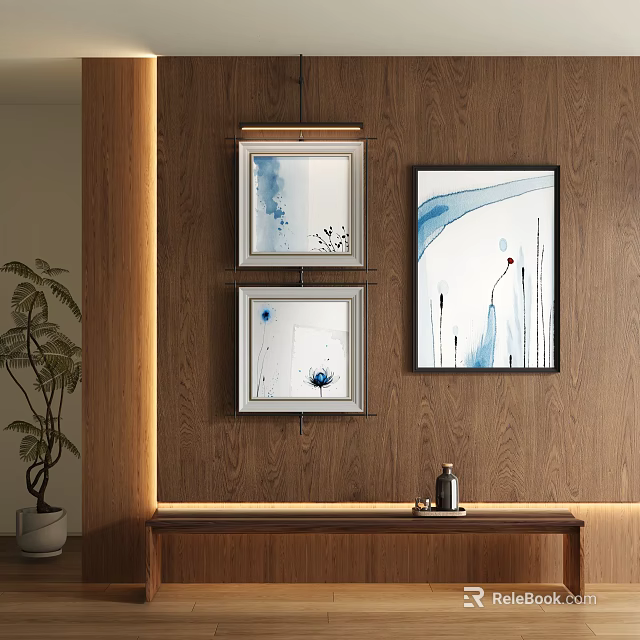 Blue And White Abstract Paintings Hanging On Wooden Wall With Green Plant Decor 3d model 