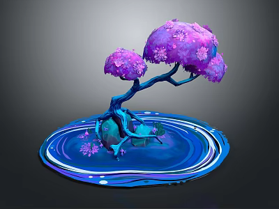 Vibrant Plant With Blue Trunk And Purple Flowers On Blue Water Ripple Base Including Scattered Flowers 3d model