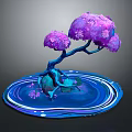 Vibrant Plant With Blue Trunk And Purple Flowers On Blue Water Ripple Base Including Scattered Flowers