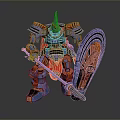 Armored Mechanical Warrior With Orange Blue Armor Shield And Glowing Red Weapon