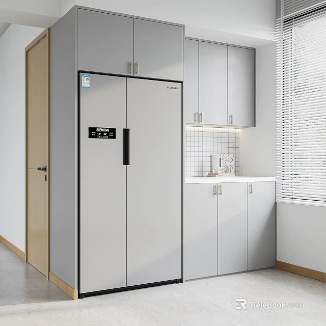 Modern Kitchen Interior With White Sideboard Cabinet Silver Refrigerator And Window Blinds 3d model