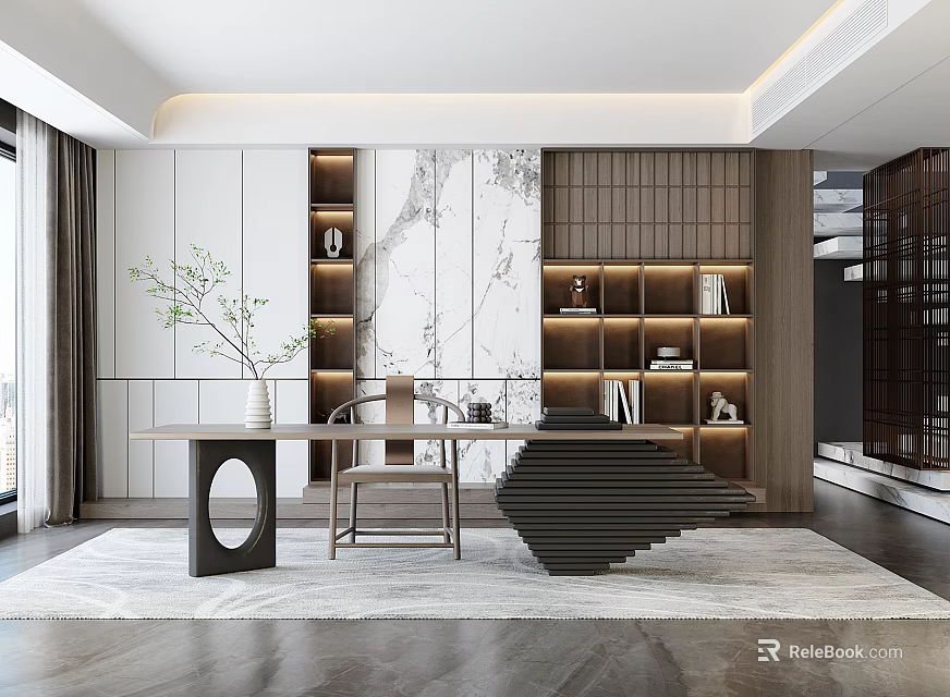 Modern Study Room Interior With Marble Wall Lit Bookshelves Wooden Desk And Potted Plant 3d model 