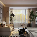 Elegant Modern Living Dining Room With Beige Sofa Black Floor Lamp Green Plant And Artwork