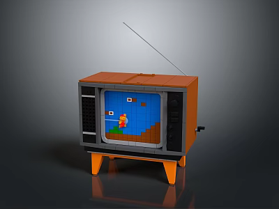 Lego Brick Built Orange Retro TV with Antenna Showing Classic Computer Game Graphics 3d model