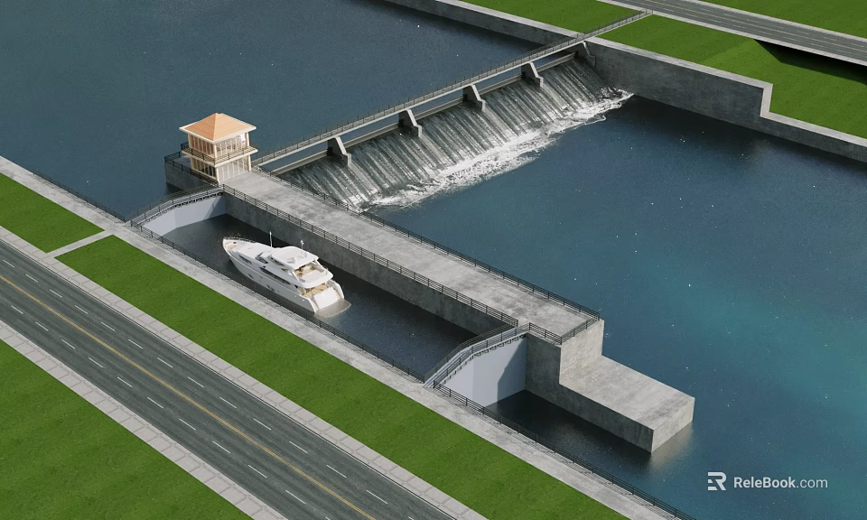 Concrete Bridge Connecting Dam Structure With White Boat Passing Underneath Green Grass And Road 3d model 