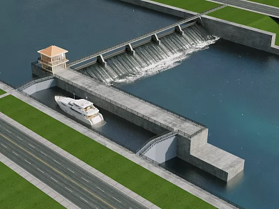 Concrete Bridge Connecting Dam Structure With White Boat Passing Underneath Green Grass And Road 3d model