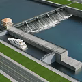 Concrete Bridge Connecting Dam Structure With White Boat Passing Underneath Green Grass And Road