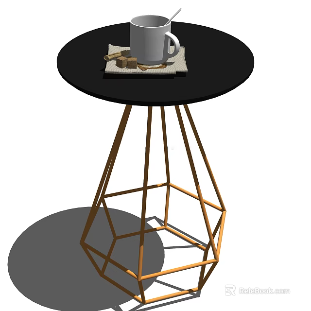 Modern Black Round Coffee Table with Gold Geometric Legs and White Mug on Coaster 3d model 