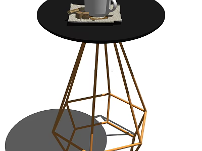 Modern Black Round Coffee Table with Gold Geometric Legs and White Mug on Coaster 3d model