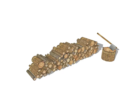 Stone And Wood Log Stack With Axe On Rustic Outdoor Firewood Pile 3d model