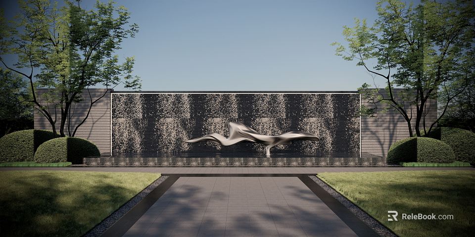 Metallic Winged Sculpture in Outdoor Courtyard With Waterfall Stone Wall Greenery And Stone Pathway 3d model 
