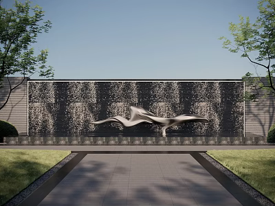 Metallic Winged Sculpture in Outdoor Courtyard With Waterfall Stone Wall Greenery And Stone Pathway 3d model