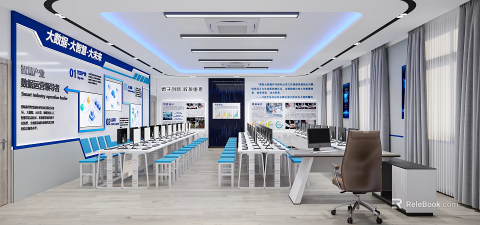 School Modern Computer Training Lab With White Desks Blue Chairs And Display Boards 3d model