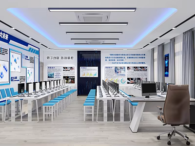 School Modern Computer Training Lab With White Desks Blue Chairs And Display Boards 3d model
