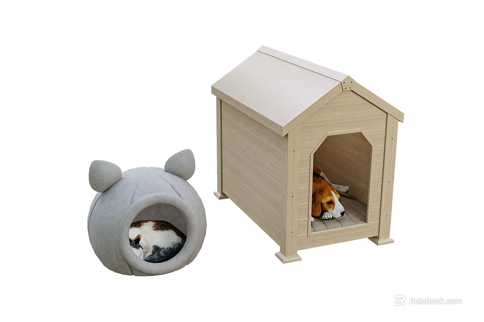 Gray Ear Shaped Cat Bed And Wooden House Style Dog Pet Cages For Small Pets 3d model 