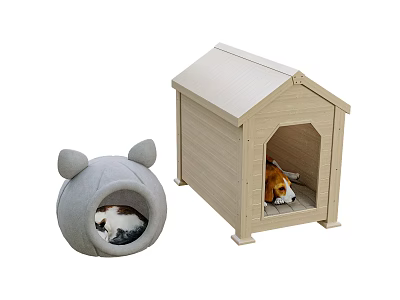 Gray Ear Shaped Cat Bed And Wooden House Style Dog Pet Cages For Small Pets 3d model