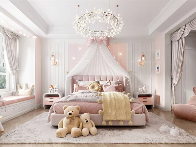 Pink Princess Kids Room With Canopy Bed Teddy Bears Chandelier Curtains And Rug 3d model