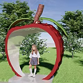 Scenic Garden Landscape With Apple Shaped Arch Red Frame Green Leaves And Girl In Grass