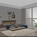 Modern Cozy Bedroom Interior With Wooden Bed Framed Artworks Wall Sconces And Polka Dot Rug