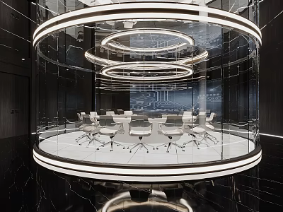 Sleek White Ergonomic Office Chairs Arranged In Futuristic Circular Glass Company Conference Space 3d model