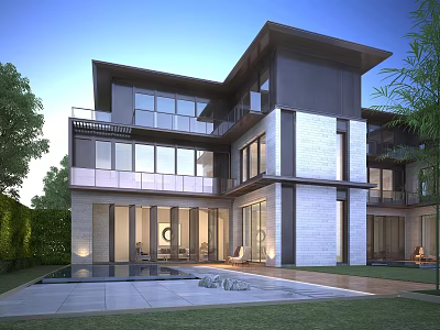Modern Style Detached Villa Exterior With Large Glass Windows Courtyard And Green Lawn 3d model