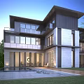 Modern Style Detached Villa Exterior With Large Glass Windows Courtyard And Green Lawn