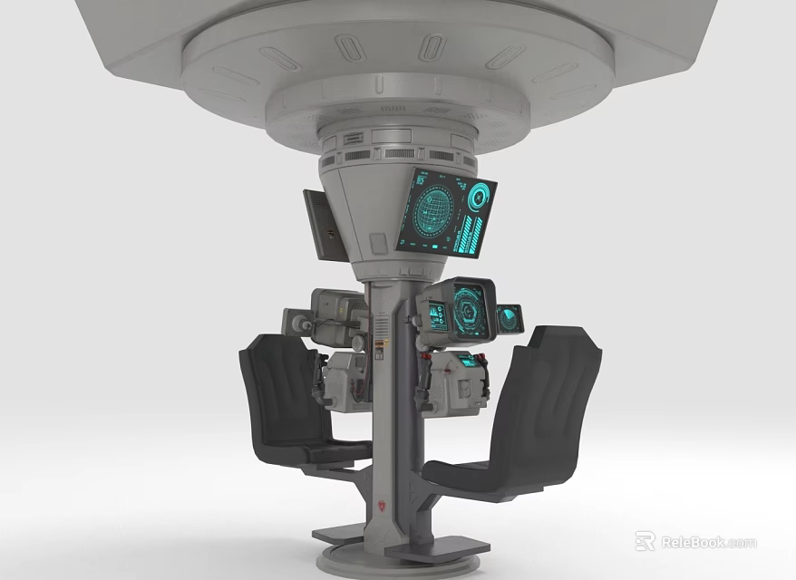 Futuristic Sci-Fi Console Control Station With Multiple Screens And Black Seats 3d model 