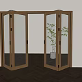 Open Folding Doors With Wooden Frame And Transparent Glass In Interior With Herringbone Flooring