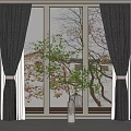 Floor to Ceiling Windows Interior With Gray Curtains Tiebacks White Vase And Leafy Tree View 3d model