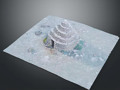 Layered Stone Structure In Snowy Natural Landscape With Green Patches And Rocky Ground 3d model