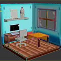Cartoon Room Scene With Turquoise Walls Wooden Floor Desk Computer Chair Bed Window And Shelf