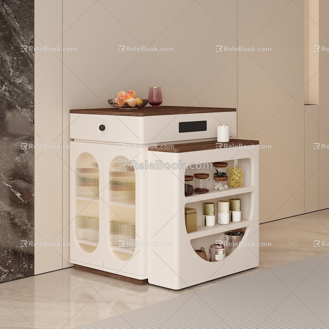 Sideboard Side Cabinet Changhong Glass Multi-functional Wire Board Fruit Tray Tea Grocery Cabinet Locker Cream Style Walnut Dining Room Universal Wheel 3d model