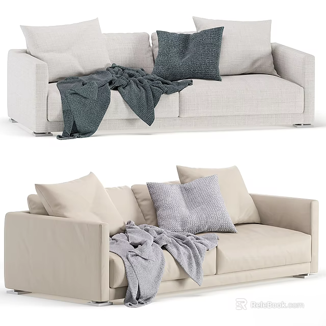 Modern Light Gray And Beige Sectional Sofa With Decorative Pillows And Soft Throw Blanket 3d model