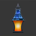 Elegant Decorative Lantern Furniture Featuring Blue Glass Shade Pointed Top And Warm Yellow Light