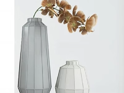 Gray Tall And White Short Vases With Brown Orchid Flowers For Interior Decoration 3d model