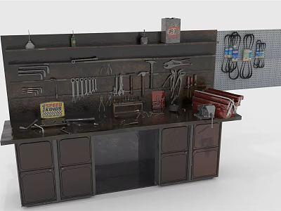 Complete Hardware Tools Set With Workbench Wall Mounted Hanging Tools And Storage Cabinets 3d model