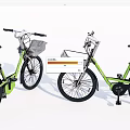 Pair of Green Modern Bicycles With Front Baskets And Black Seats