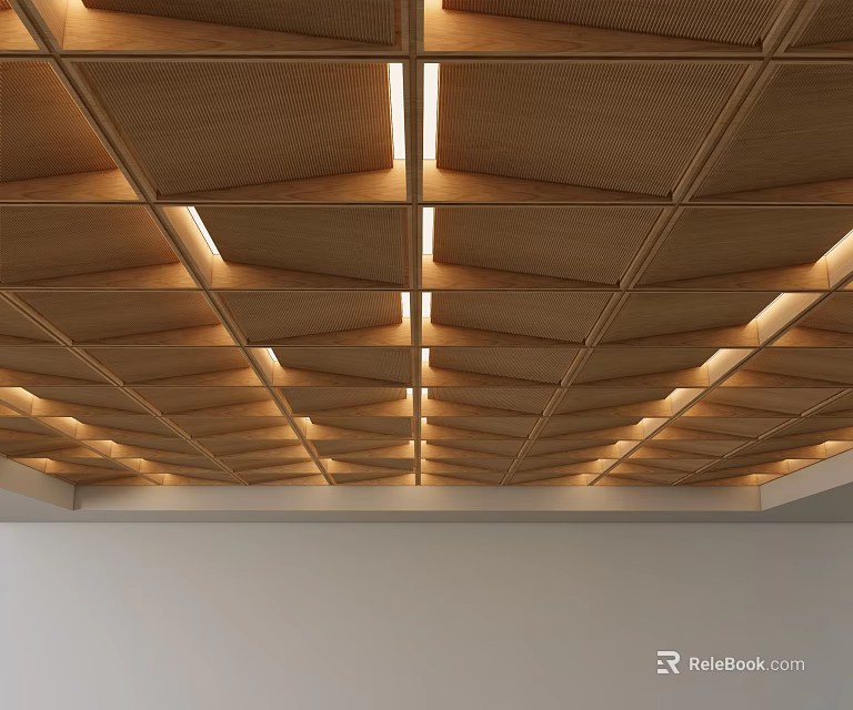 Wooden Ceiling with Geometric Panel Design and Recessed Lighting Details 3d model 
